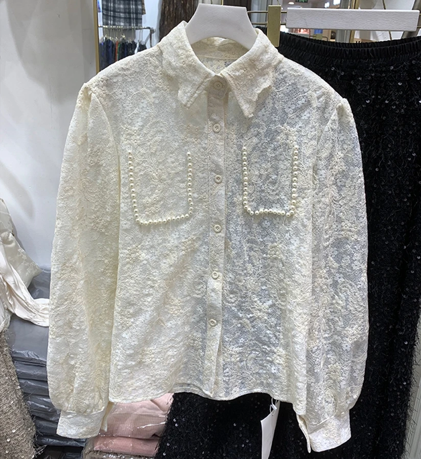 Beads Stitch Lace Embroidery Shirts and Blouses For Women Spring 2024 New Long Sleeve Solid Beige Top Blusas Korean Clothes