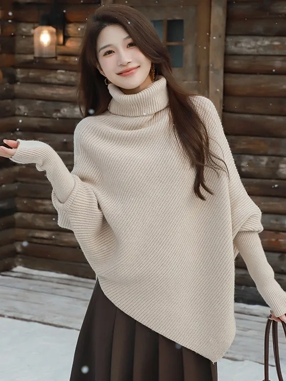 

Вязаный свитер с высоким воротником, женский весенне-осенне-зимний внутренний дизайн, асимметричный накладной капюшон Ne Base Layer High E...