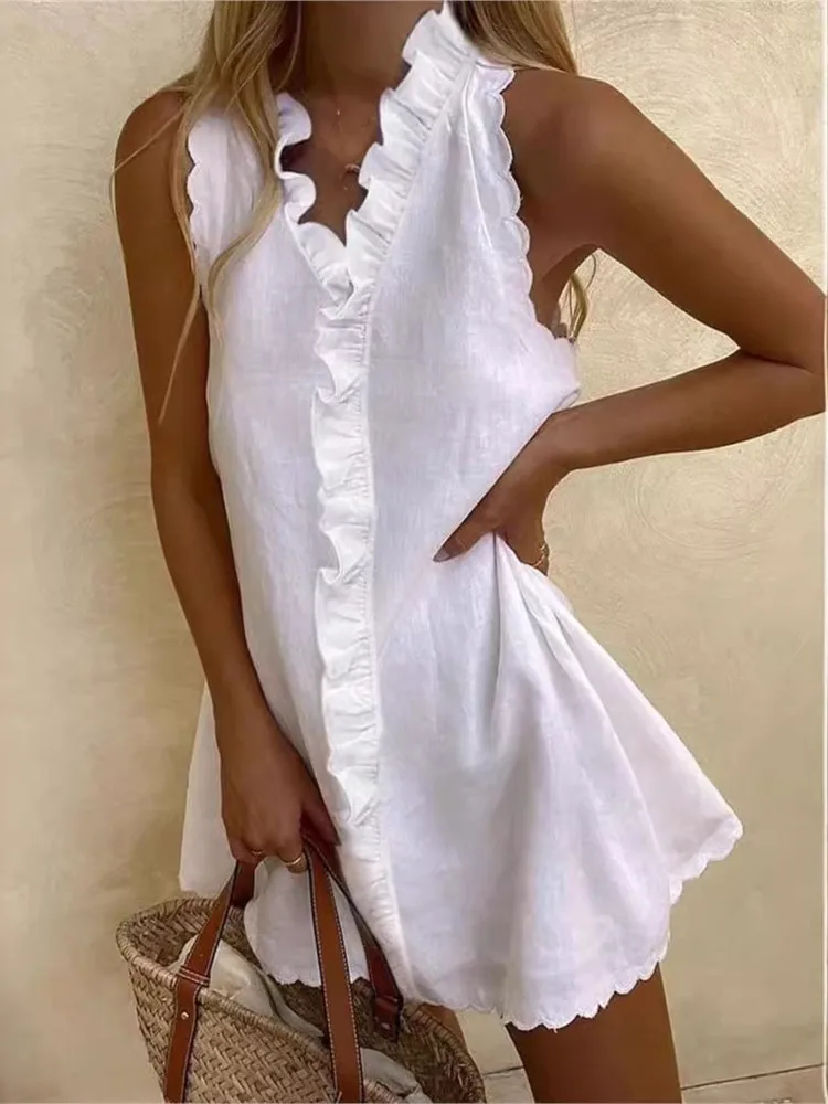 New Women Casual Cotton And Linen White Dress Summer V Neck Ruffles Sleeveless Elegant Boho Beach Party Mini Dresses Female Robe