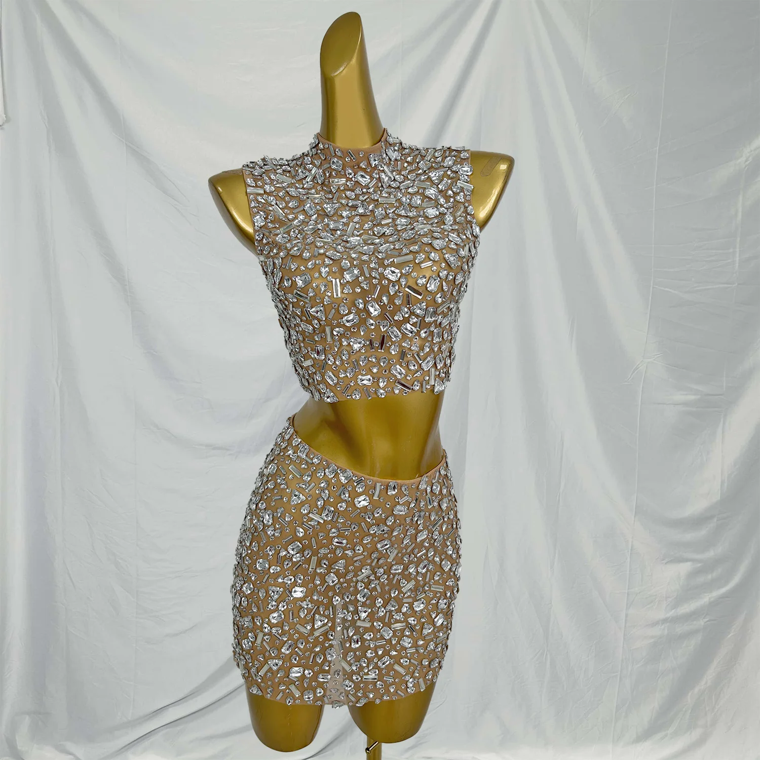 

Shihualuo Luxury Diamond 2-Piece Birthday Party Dresses Stage Performance Costume Star Catwalk Rhinestone Waist Short Dress