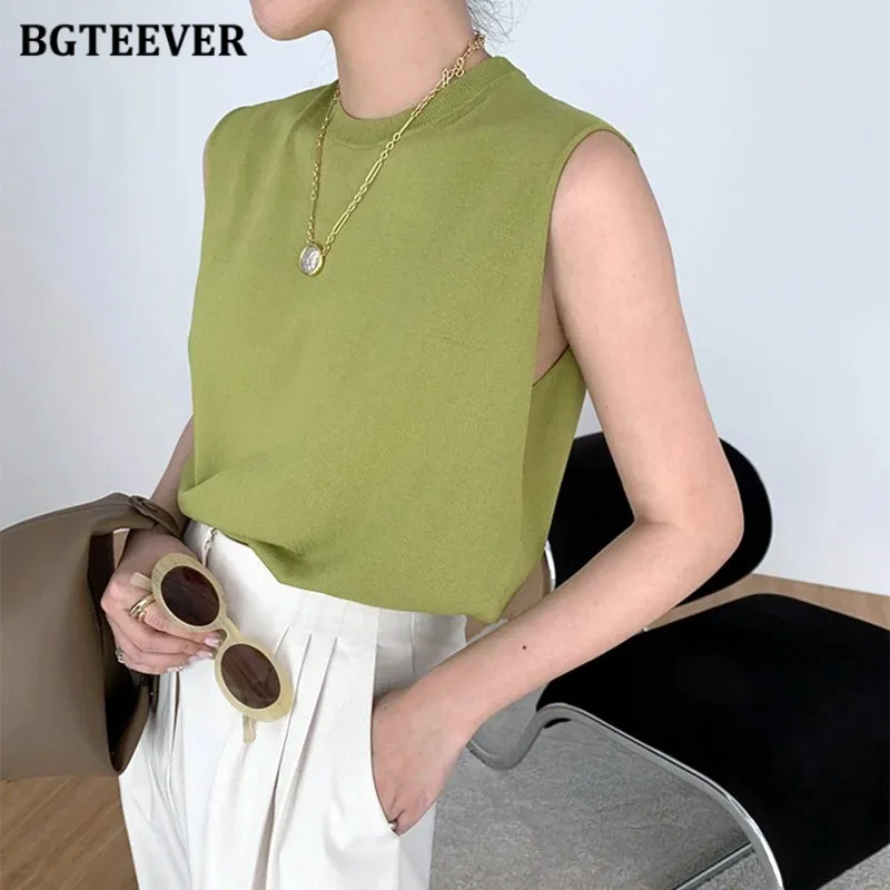 BGTEEVER Elegant Ice Tough Knitted Vests for Women Summer Stylish O-neck Ladies Basic Tank Tops Ladies Camisole Summer