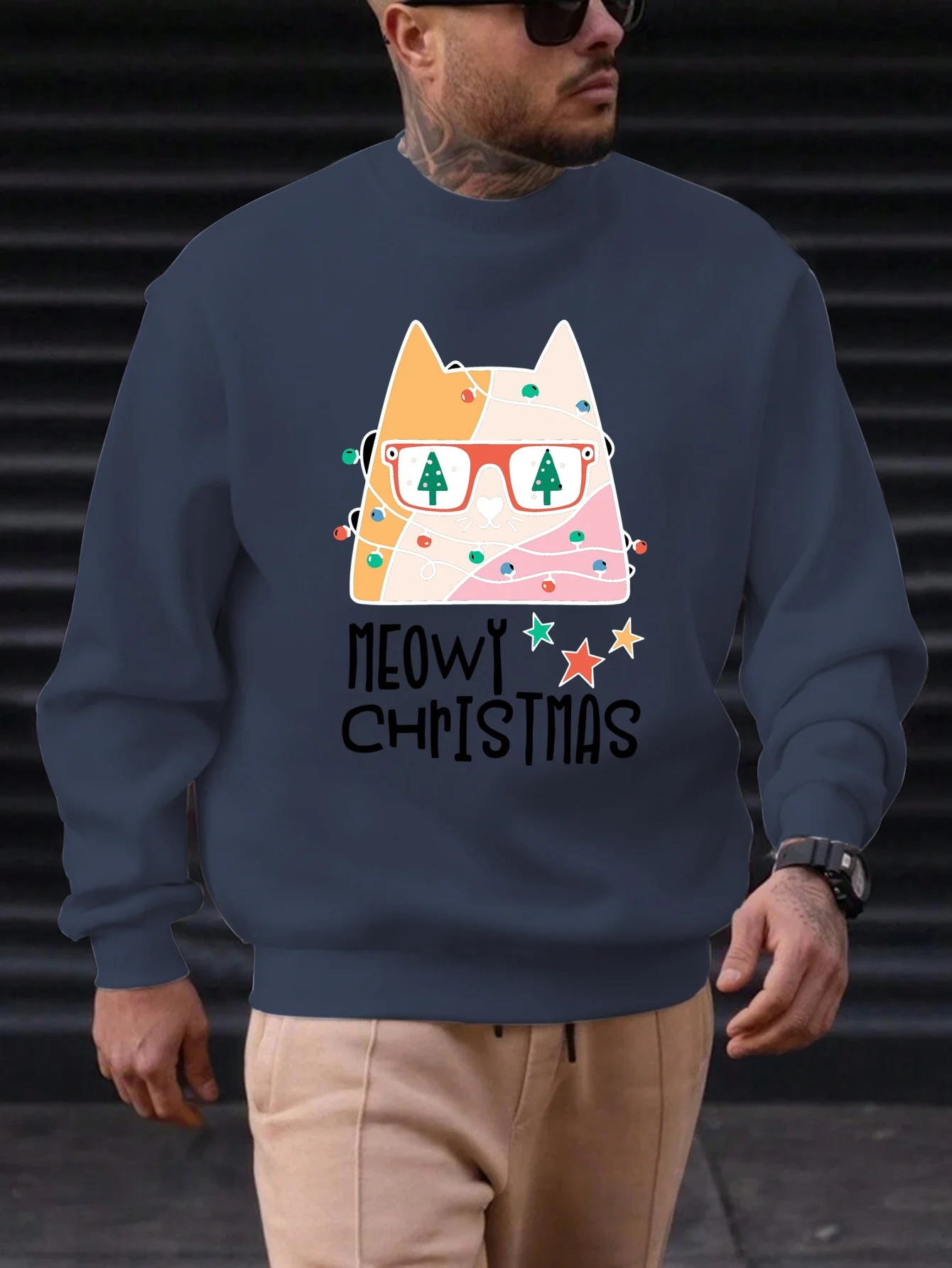 

Men's Red Cat & Meowy Christmas Graphic Sweater - Casual Round Neck Pullover with Cute Anime Cat Face, Pink Ears & Meowy