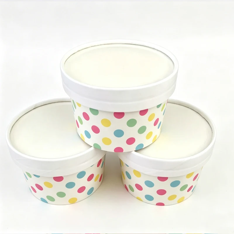 100 Vasos de Papel para Helado de 4oz, 5oz y 8oz con Puntos de Colores, Vasos de Papel Gruesos para Yogur con Tapas, Vasos Desechables para Postre