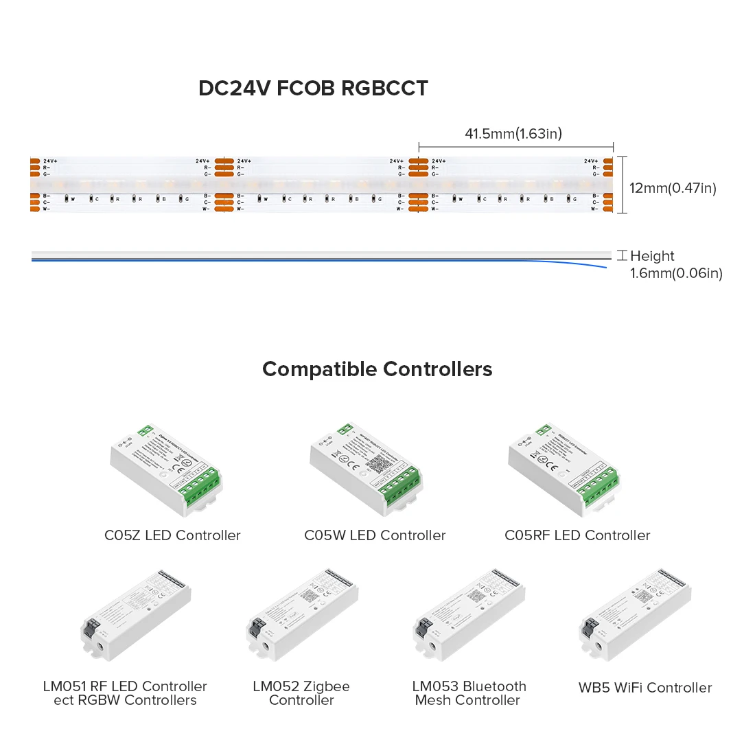 FCOB RGBCCT LED Light Strip 6 Pin 12mm DC24V 960 LED RGB CW WW FOB flessibile COB luci lineari ad alta densità RA90 dimmerabile 18W