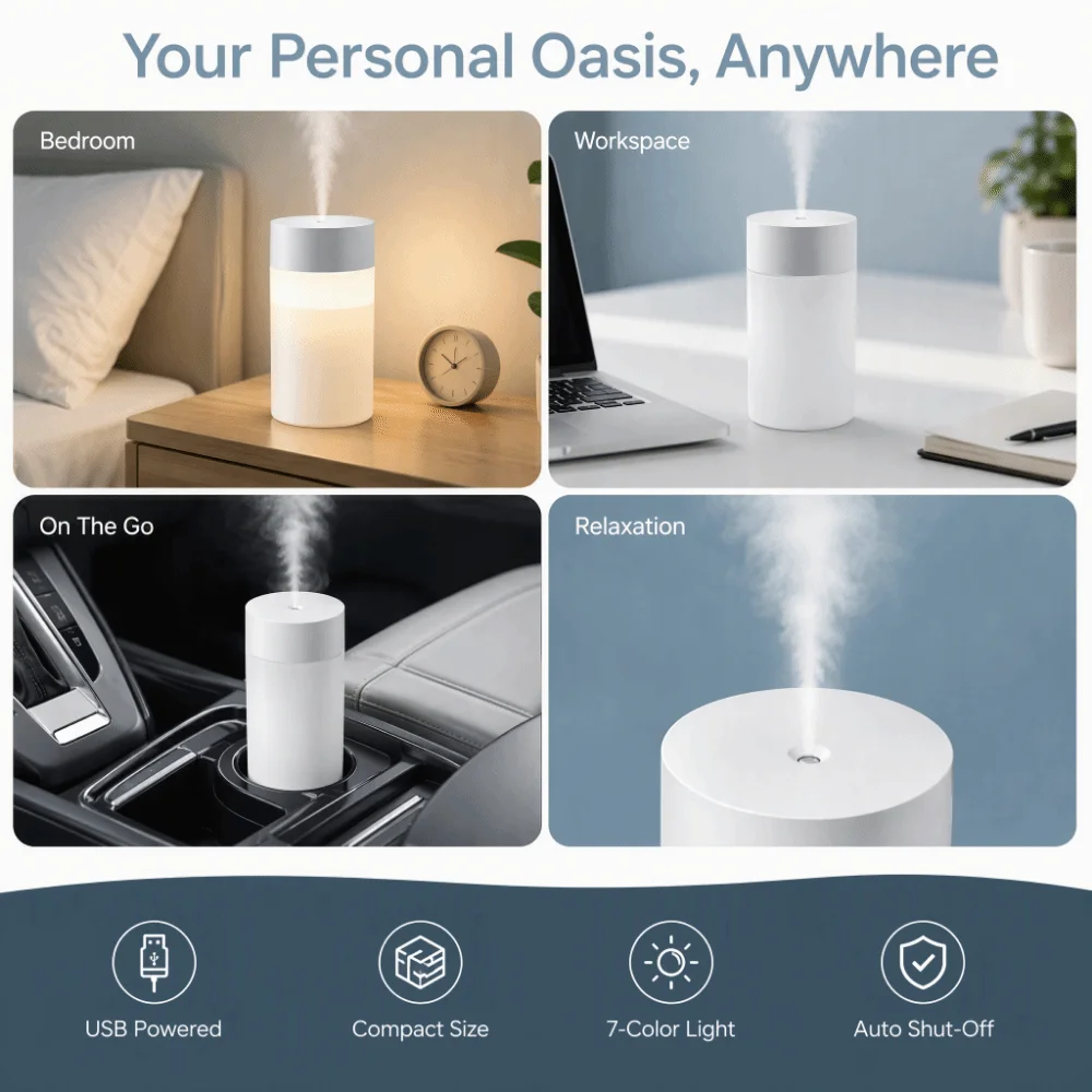 4pcs 260ML Capacity USB Humidifier 7‑Color Night Light USB Powered Desktop Humidifier Quiet Operation Intermittent Spray