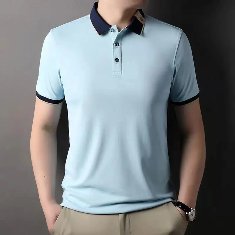 Men's Short Sleeve Summer Solid Color Pullover Turn-down Collar Button Casual Formal Polo Preppy Style T-shirt Business Tops