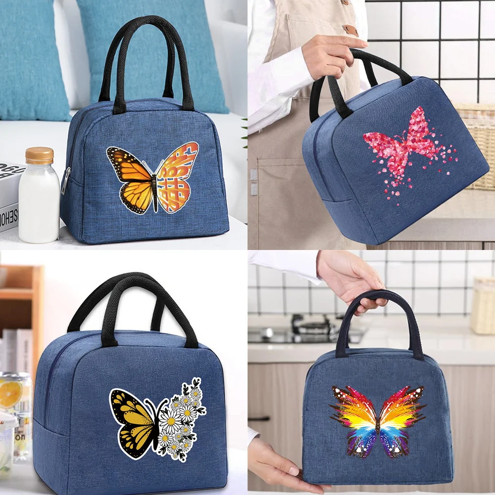 

Lunch Bag Thermal Cooler Tote for Work Insulated Canvas Zipper Travel Food Picnic Storage Bags Unisex Butterfly Series Handbag