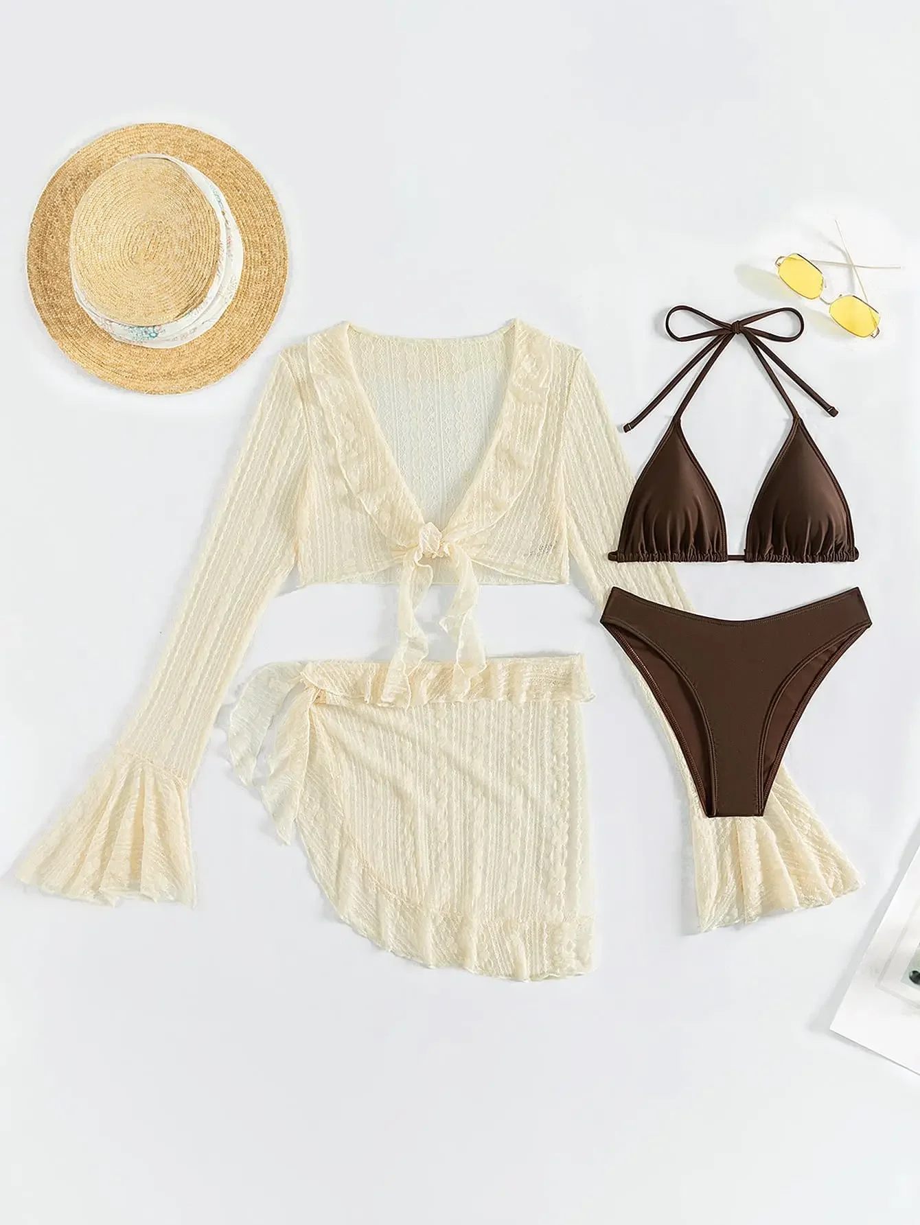 Women's 4 Piece Bikini Halter Neck Triangle Set High Cut Bikini Lettuce Trim Swimsuit Bathing Suit Cover Up Set