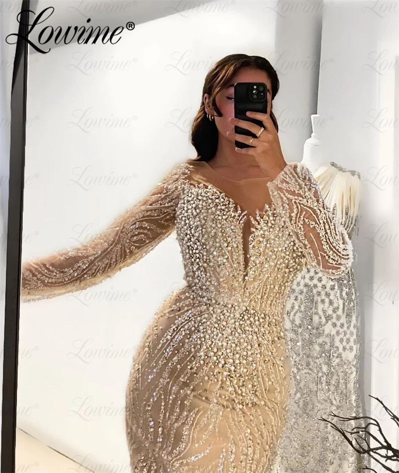 Light Champagne Formal Evening Dress Beaded Pearls Long Sleeves Arabic Party Gowns Mermaid Shiny Sequins Prom Dresses Customized