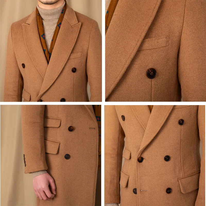メンズ トレンド ダブルブレスト ウール混紡コート ブラック/ブラウン カスタム ミドル丈 スリムフィット 冬用 暖かい フォーマル ビジネス カジュアル オーバーコート