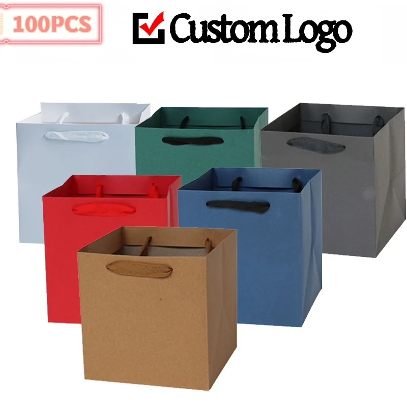 

100pcs Custom Logo Square Paper Bag Personalized Gift Packaging Bag