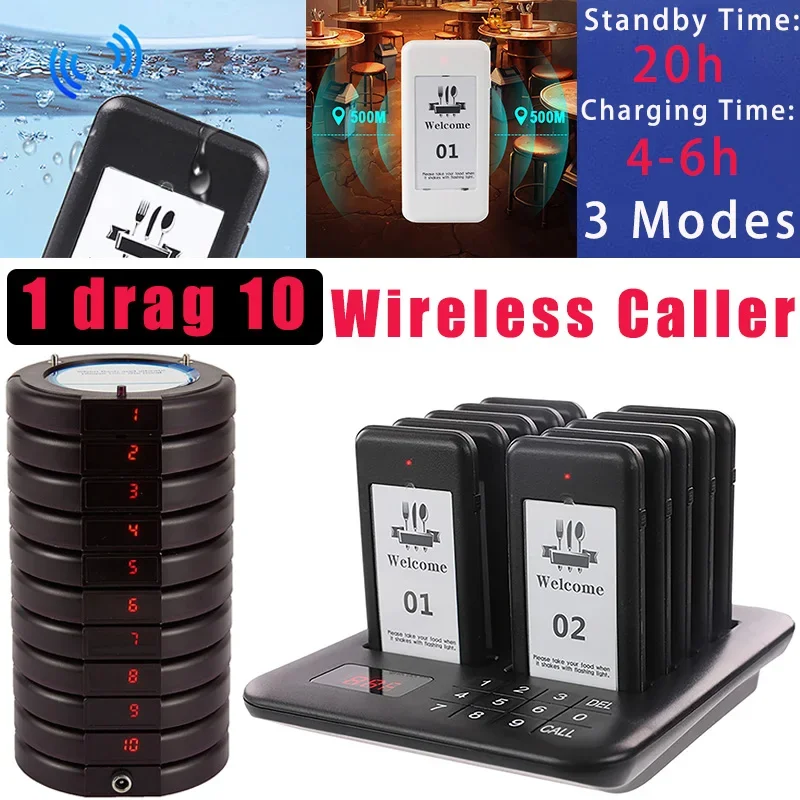 Style 1- Restaurant Pager + 10pcs Beeper Touch Panel Wireless Pagers Calling System Buzzer for Church Clinic Truck Nursery Event