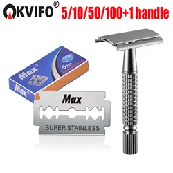KVIFO（ 1 + 5/10/50/100 Pcs ）Manual Shaver for Men Barbershop Razor Stainless Steel Shank Is Easy To Use Safety Razor