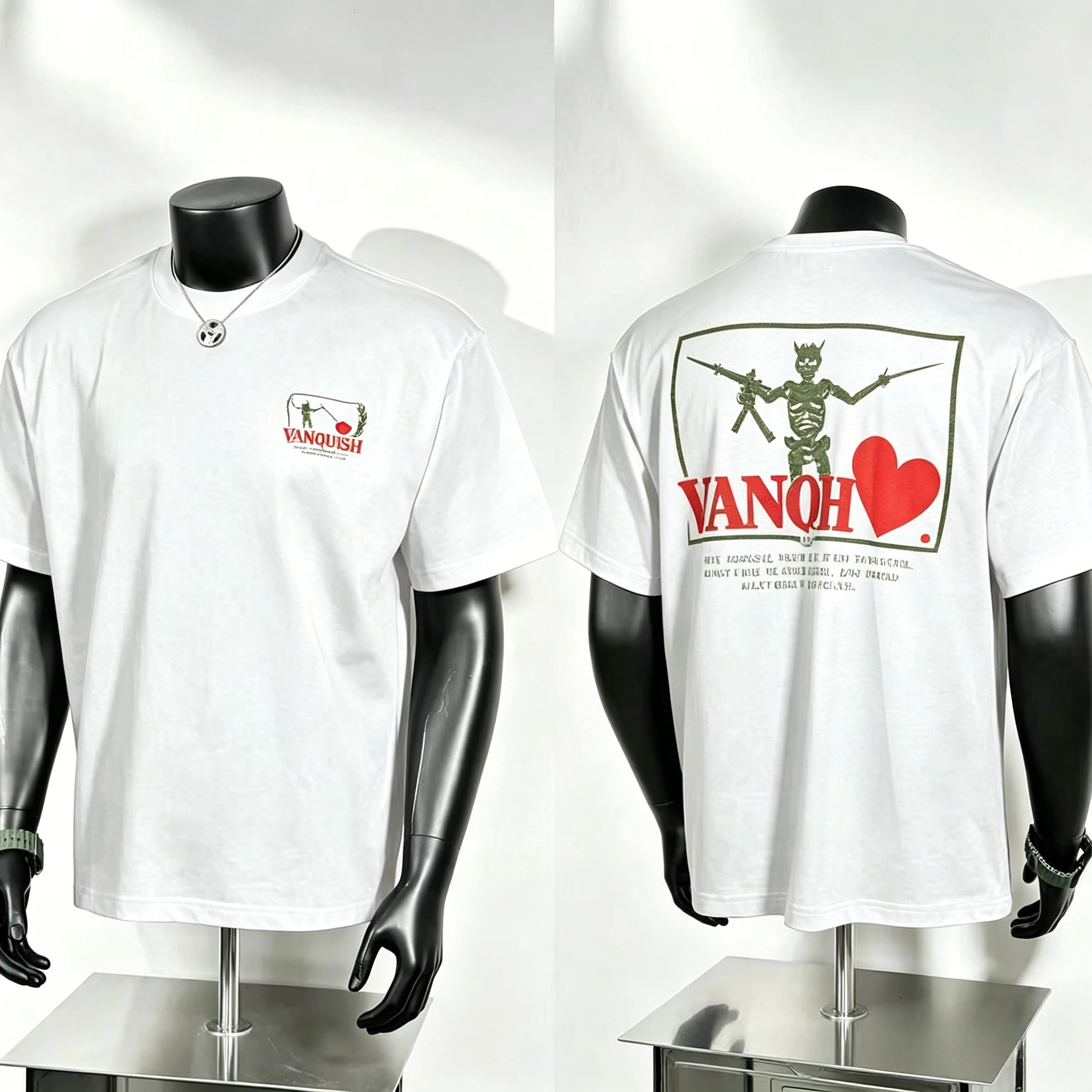 Vanquish Graphic T Shirt, Mini Laurel Emblem Chest Logo and Large Crown Skeleton Holding Gun Blade with Red Heart Back Print