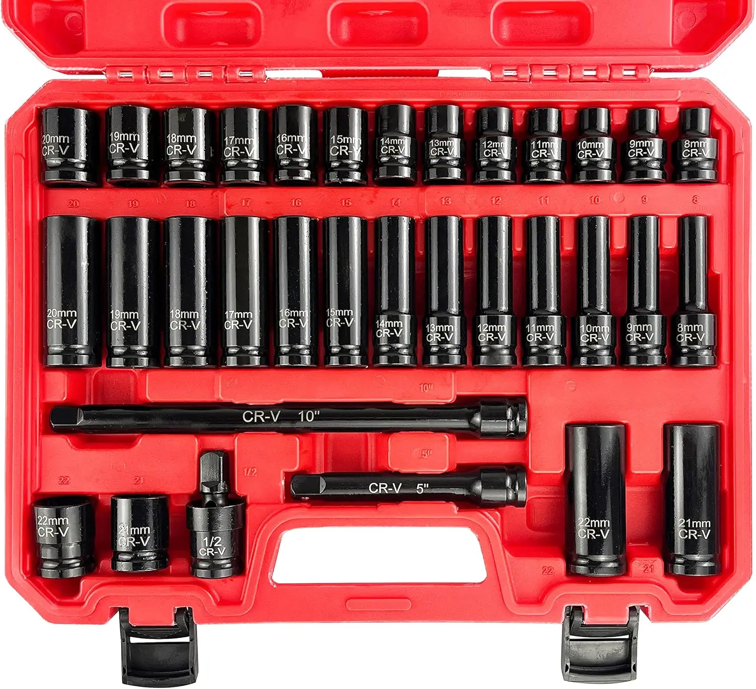 

33pcs 1/2" Impact Socket Set (8-22mm) with Deep & Shallow Sockets, Extension Bars, Universal Joint for Automotive Repair