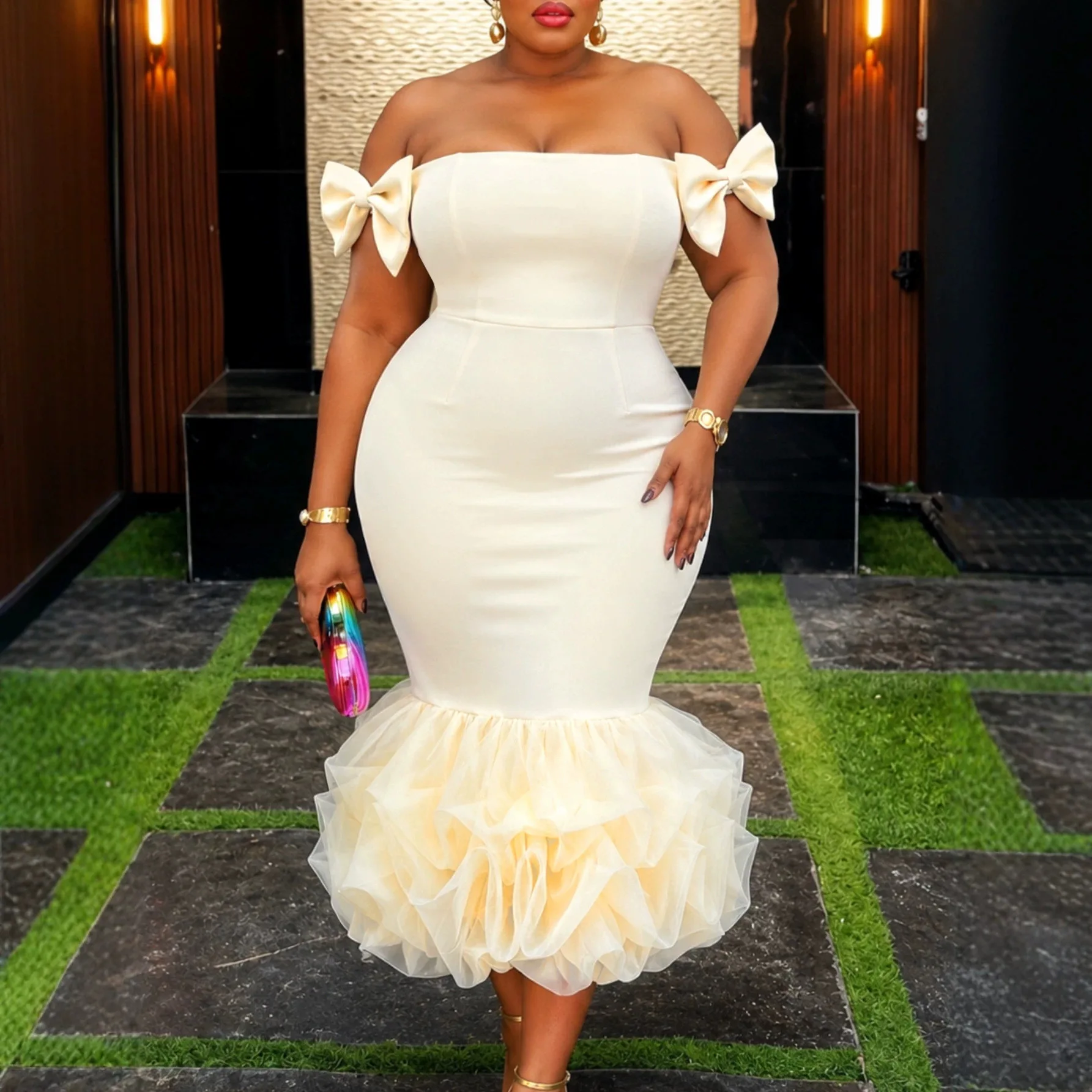 Plus-size Women's Off-shoulder Bow-tie Strapless. Clothes With Mesh Ruffles, Waist-cinching Hip-hugging Elegant Fishtail Skirt