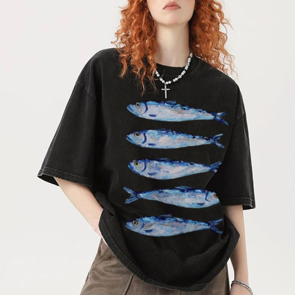 Unisex Vintage Washed Tee Sardines Fish Print Women T-shirt Luxury Brand Y2k Summer Baggy Soft Cotton Short Sleeved Shirt