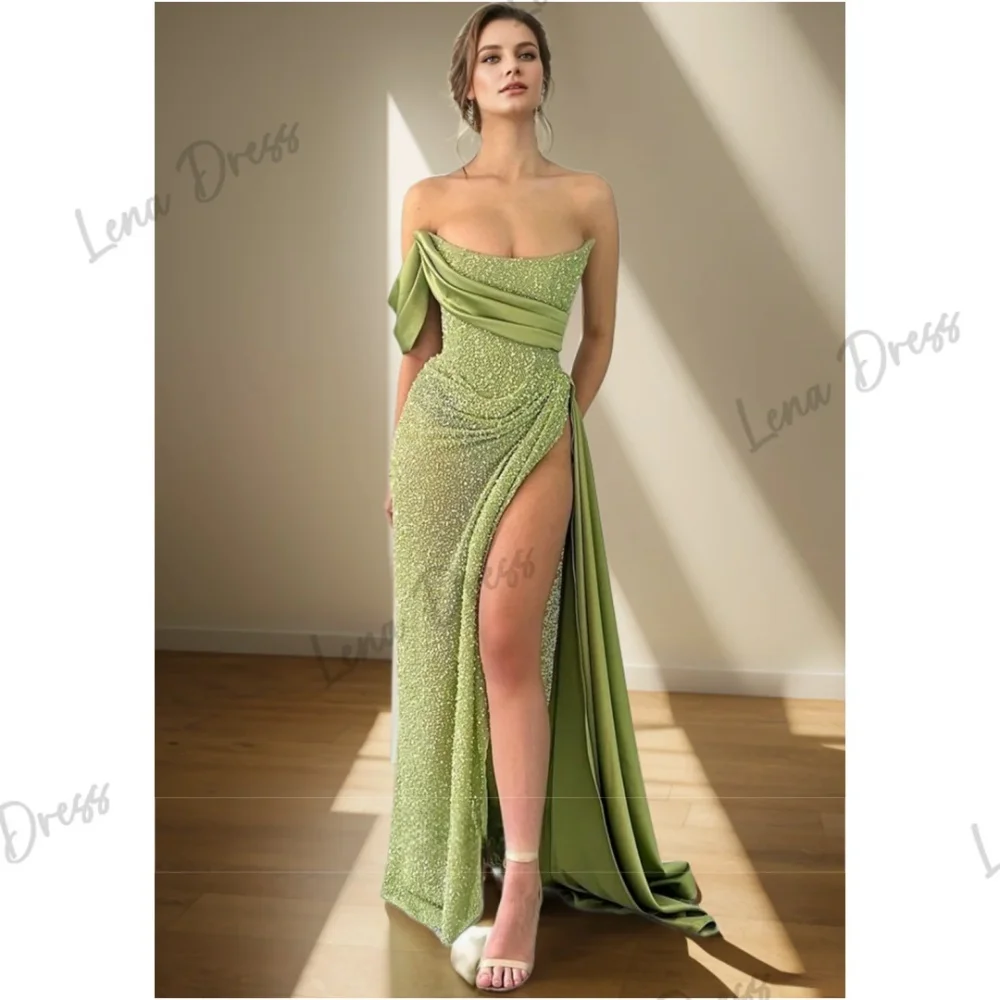 Lena customizes elegant fishtail evening gown for ladies, luxurious ball gown 2025 off shoulder long gown 2025 shiny green image 3