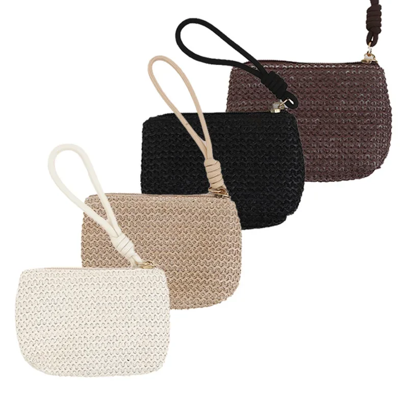 أزياء المرأة البسيطة القش محافظ عملة المحافظ حامل البطاقة حقيبة المال النساء الفتيات سستة تغيير الحقيبة