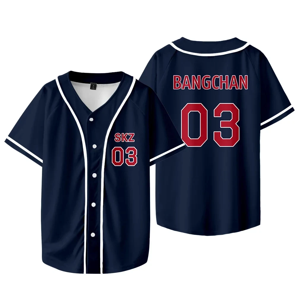 Camiseta de béisbol para hombre y mujer, camisa de manga corta con estampado de KPOP, FELIX, BANGCHAN, CHANGBIN, HYUNJIN, SEUNGMIN LEE KNOW