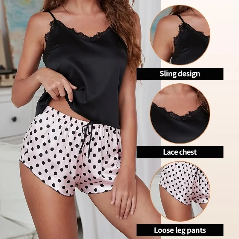 New Summer Women\'s Printed Polka Dot Shorts and Lace Decorated V-Neck Suspender Top Women\'s Sexy Pajama Set