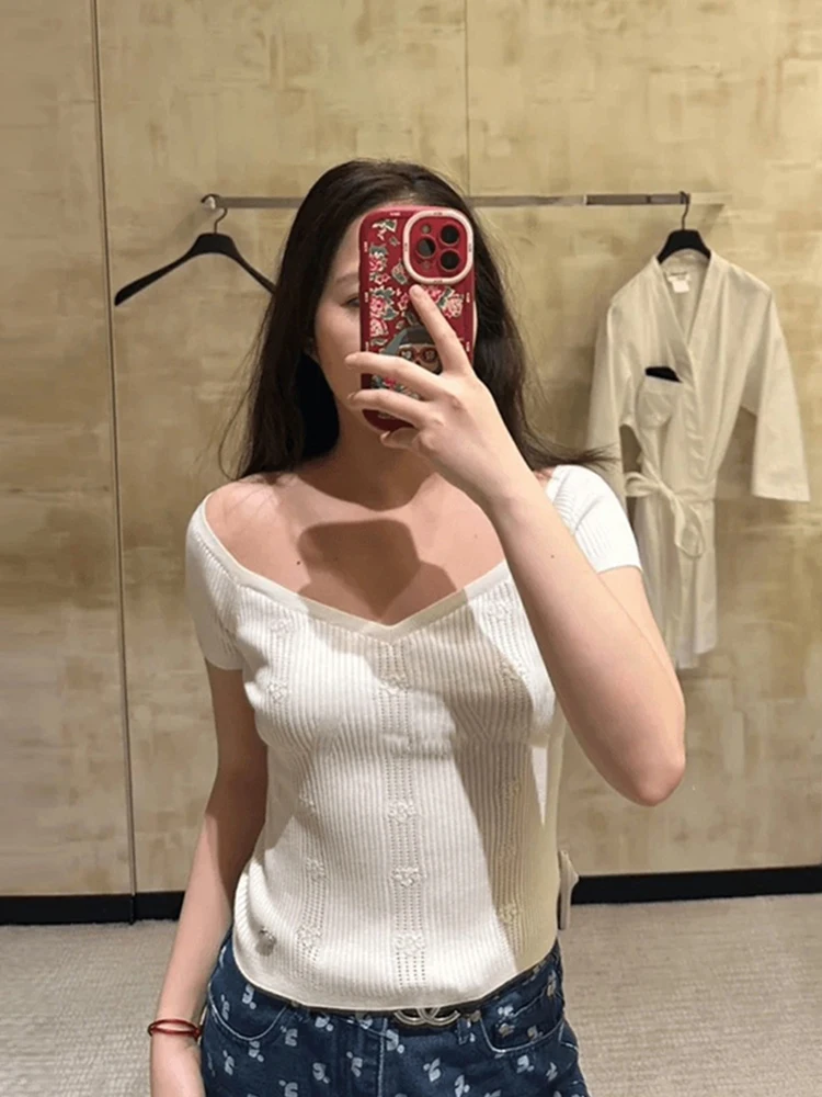 

Slim Fit Short Sleeve Knitted T-Shirt Women's Fashionable Style Korean Version Polyester Fiber round Neck Casual Summer Top