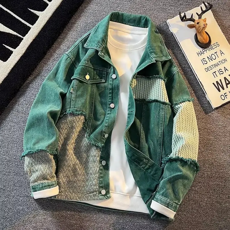 

New Green Spliced Patch Designs Denim Coats Unisex Jacket Men Loose Casual Retro Streetwear Autumn Single Breasted Lapels Tops