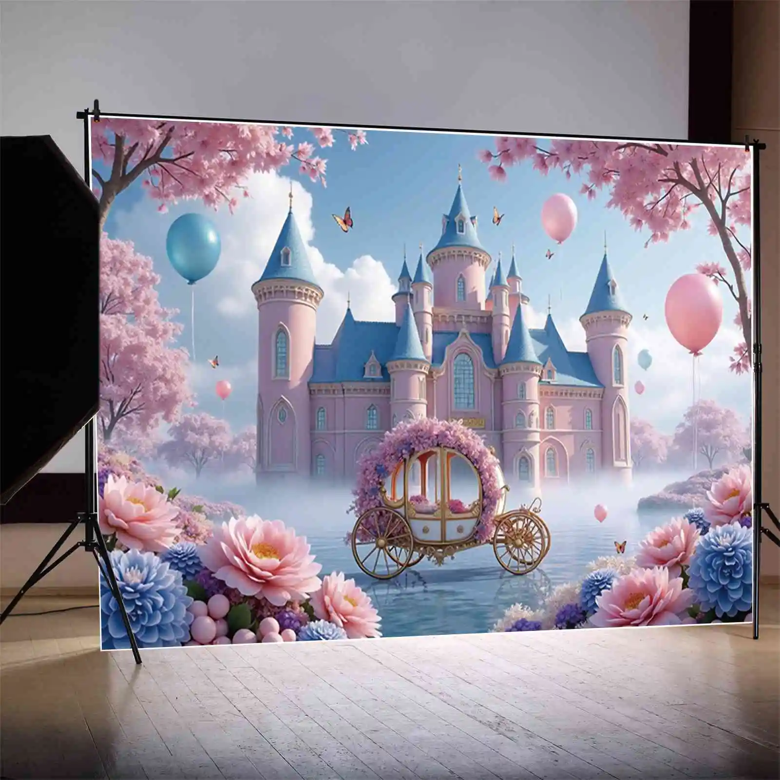 MOON.QG Castle Flower Butterfly Backdrop Carriage Princess Birthday Party Background Picture Frame Photography Studio Decoration