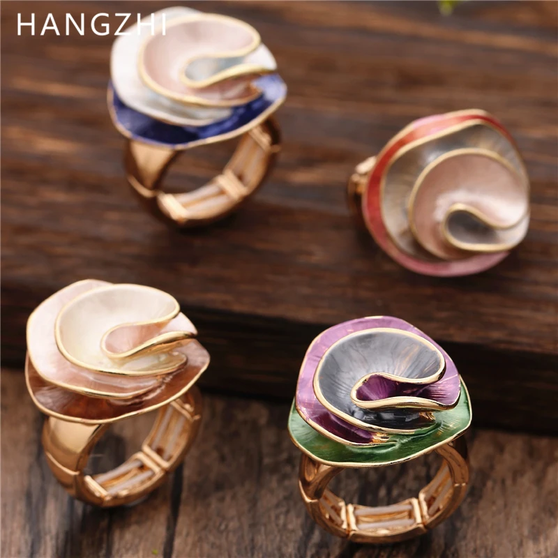 HangZhi Geometric Flower Large Elastic Ring Three-dimensional Colorful Drip Glaze Chunky Vintage Exquisite Jewelry for Women New