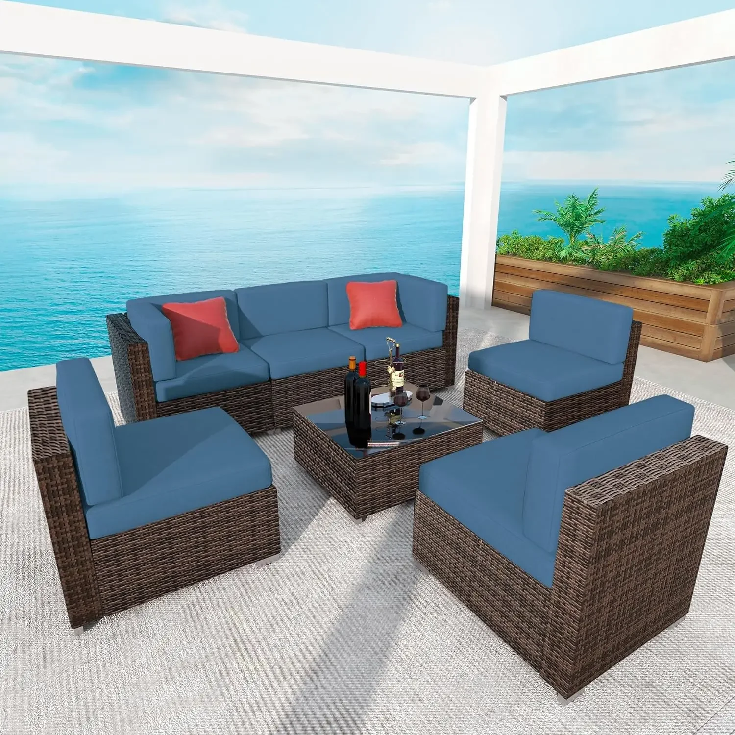 

Patio Furniture Set Outdoor Sectional Sofa, All Weather Rattan Chairs, Cushions w/Removable Cover, Tempered Glass Coffee Table