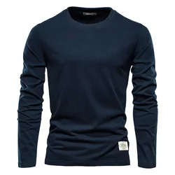 T-shirt à manches longues pour hommes, 100% coton, monochromatique, décontracté, haute qualité, vêtements classiques pour hommes, automne