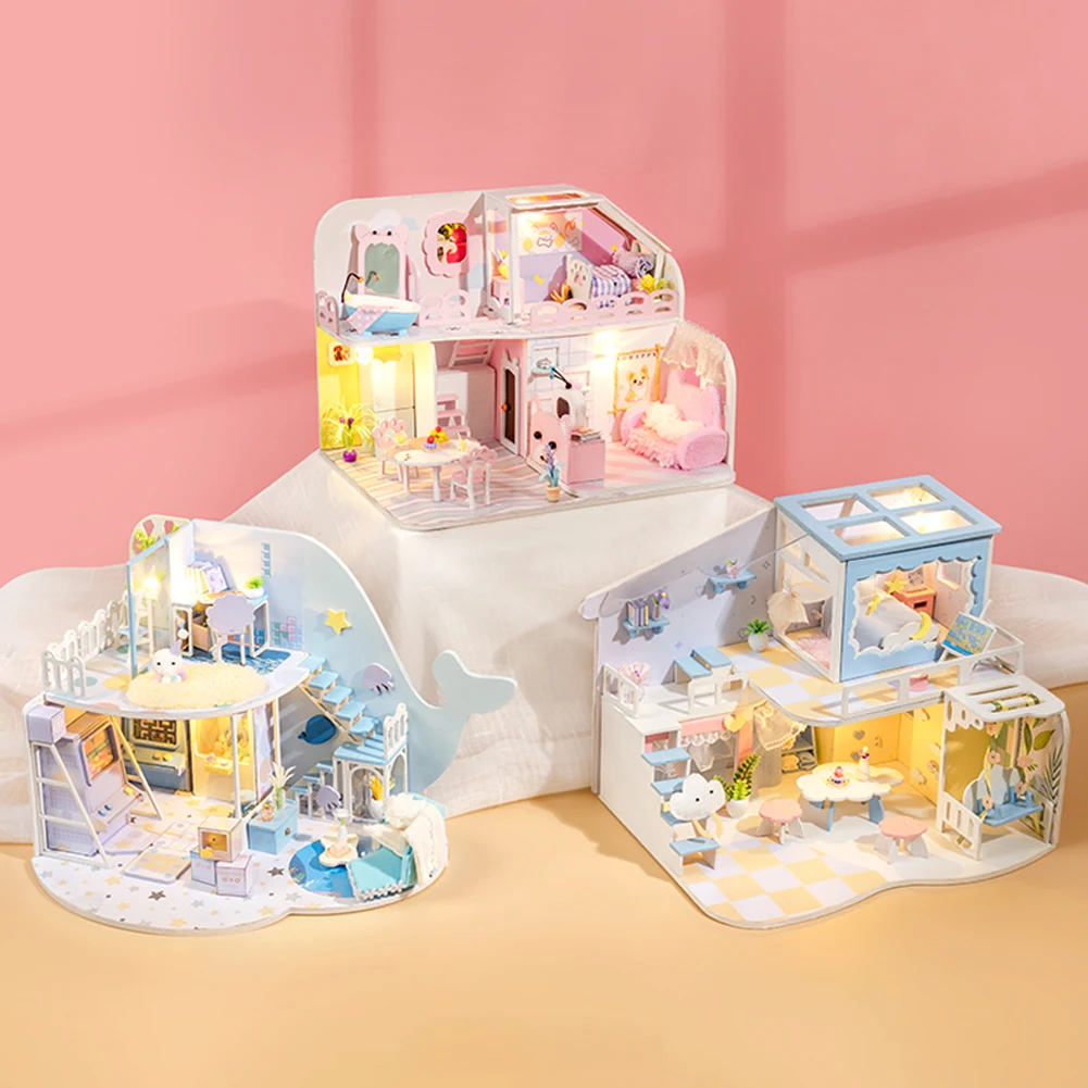 Diy casa de boneca de madeira kit miniatura com móveis led luz casa quarto modelo de brinquedos para adultos crianças presente de aniversário