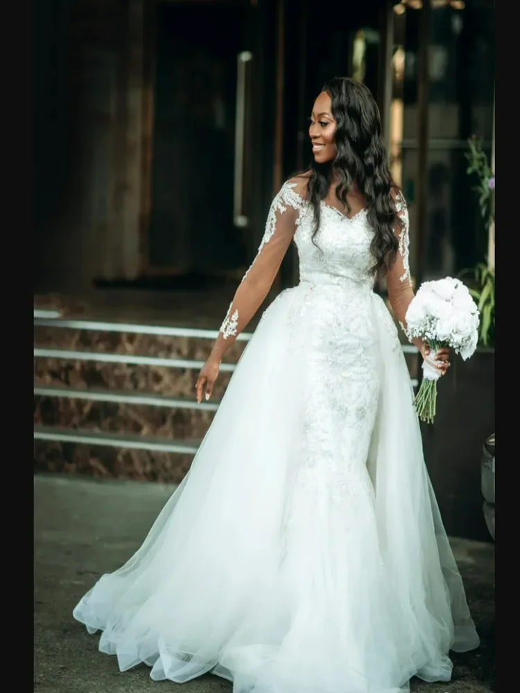 Flavinke personnalisé col transparent paillettes Appliques robes de mariée sirène avec jupe amovible manches longues robes de mariée africaines