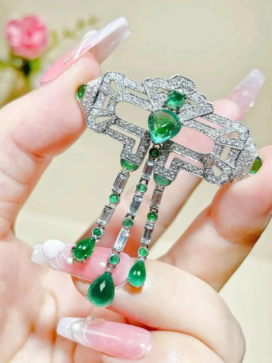 vintage natural plain emerald and diamond brooch 18K white gold genuine luxury fine women jewelry free shipping