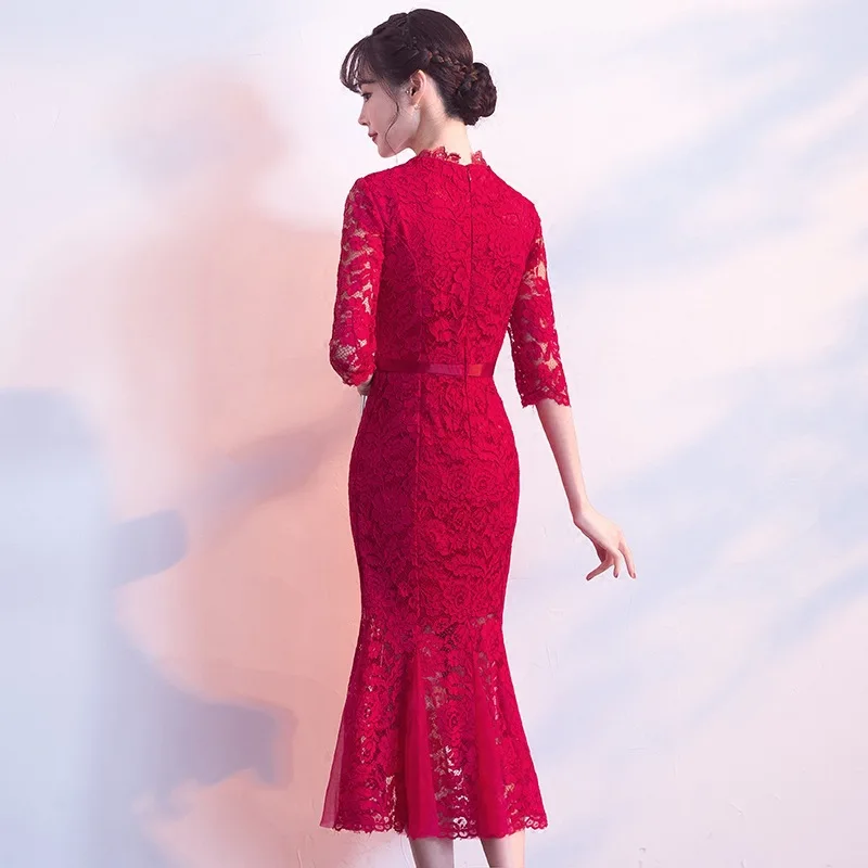 Bridal Toast Dress Cheongsam 2025 New Spring Red Lace Evening Dress Mermaid Wedding Qipao Dress