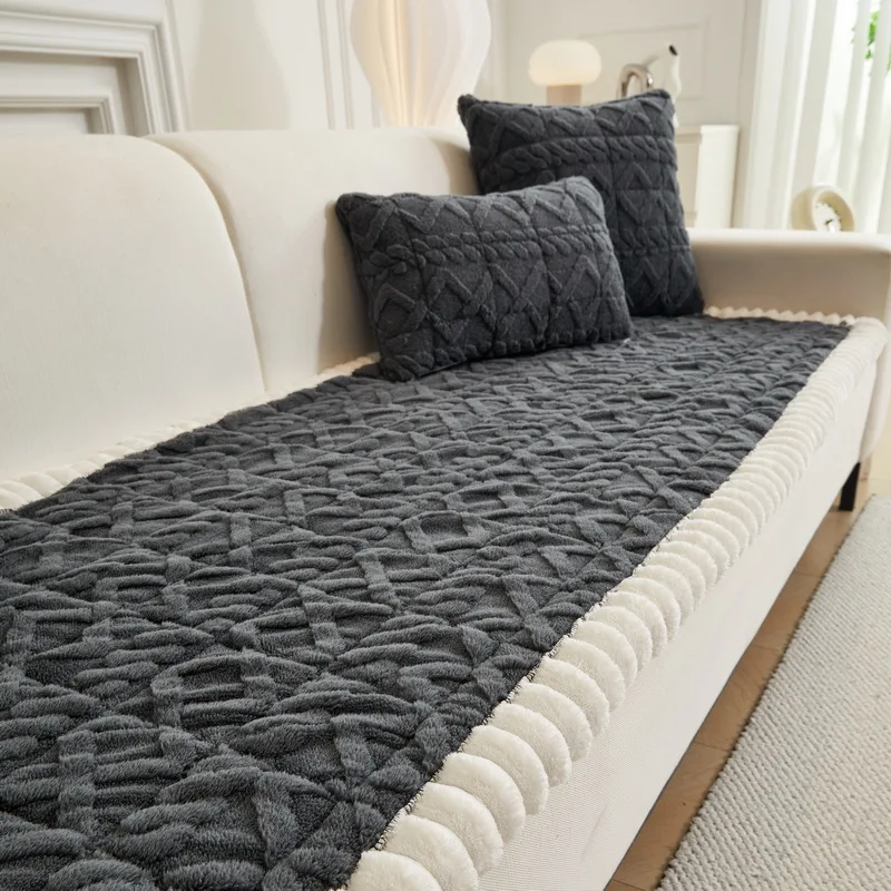 1pc Plush sofa cushion autumn and winter straight row thickened seat cushion high-end non-slip leather sofa cover cover cloth
