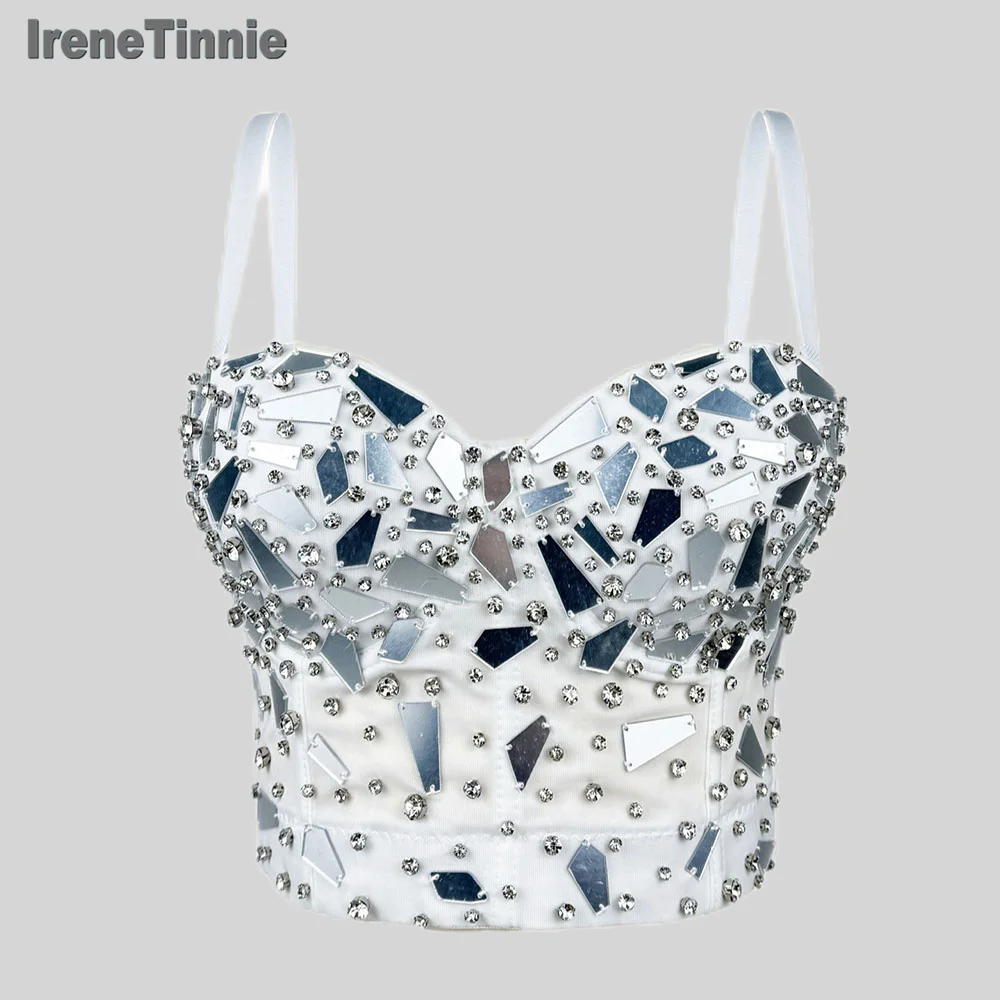 IRENE TINNIE Fashion Backless Corset Lady Punk Sequin Beading Crop Top Sexy Women Camisole Bustier Nightclub Party Tank Tops