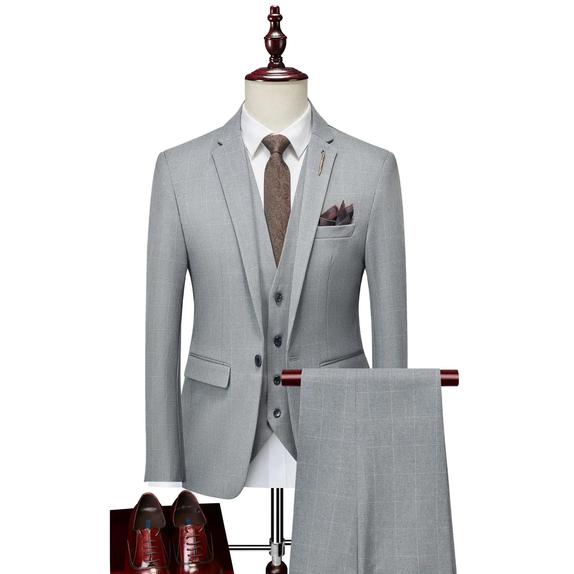 Spring New Fashion Men's Suit Is Handsome, High-grade and Simple Plaid Boutique Suit, Three-piece Korean Slim Banquet Dress.