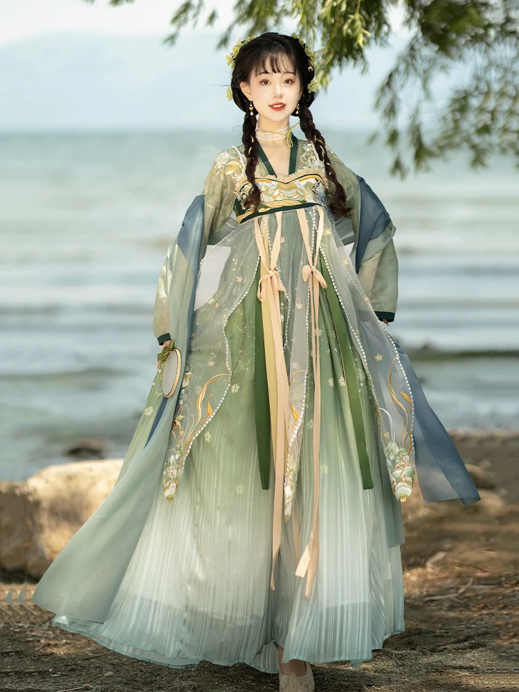 

Fashion Hanfu Chinese gradient green embroidered dress Ancient Chinese traditional dress summer fairy princess daily wear