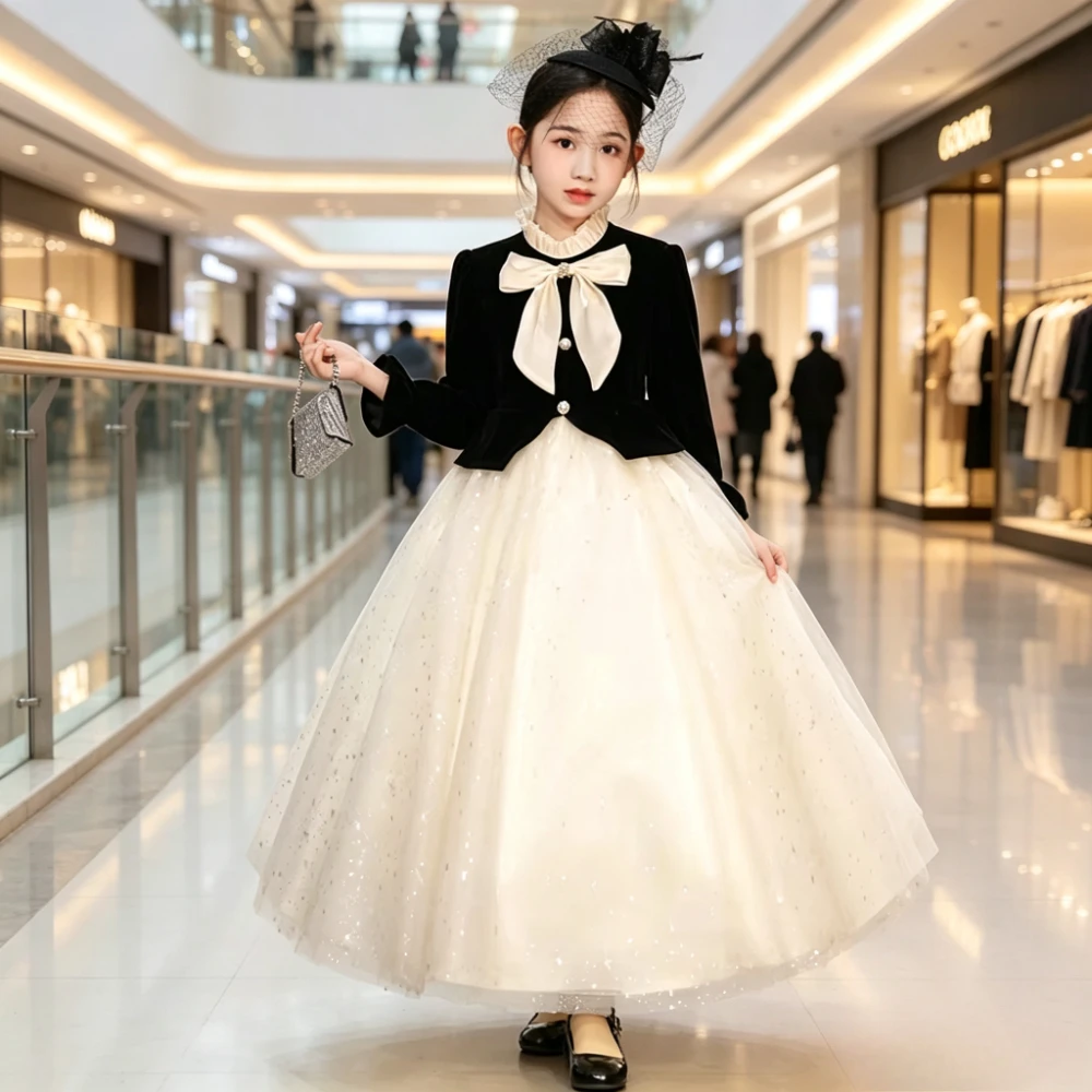 Kids Pageant Formal French Long Sleeve Girls Party Dress Birthday Performance Outfit Princess Gown Children Evening Host Piano