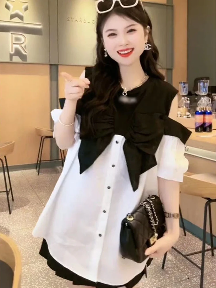 Ladies Fashion Single Row Multi-Buckle Shirts Female 2024 Summer Bow Stitching Design Off-the-Shoulder Half Sleeve Shirt