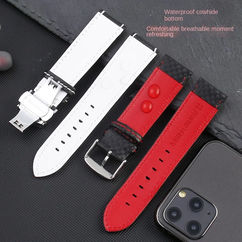 For Tissot Tudor IWC Blancpain Casio Carbon Fiber Pattern Leather Strap Bracelet Black Red Car Thread 21 22 23 Bands Accessories