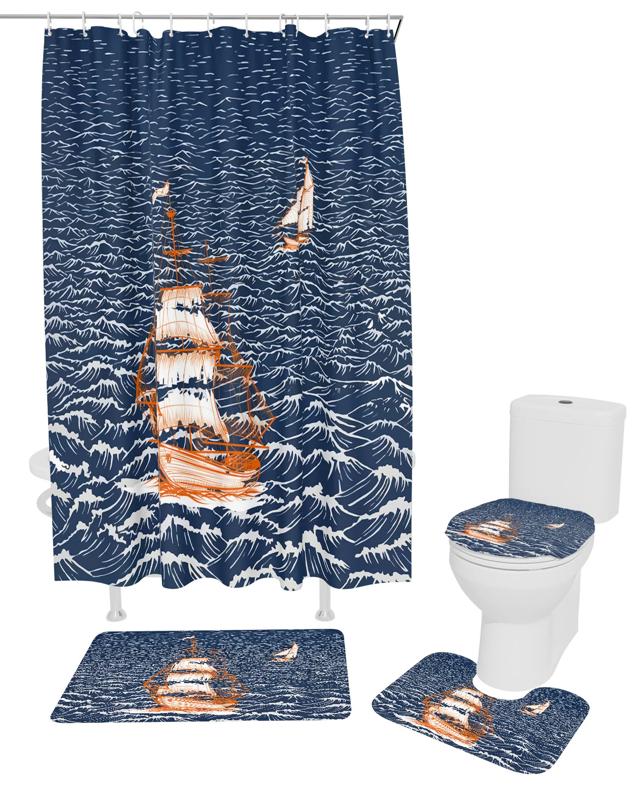 Sail On The Waves Shower Curtain Set Non-Slip Rugs Bath Mat Toilet Lid Cover Waterproof Polyester Bathroom Curtain