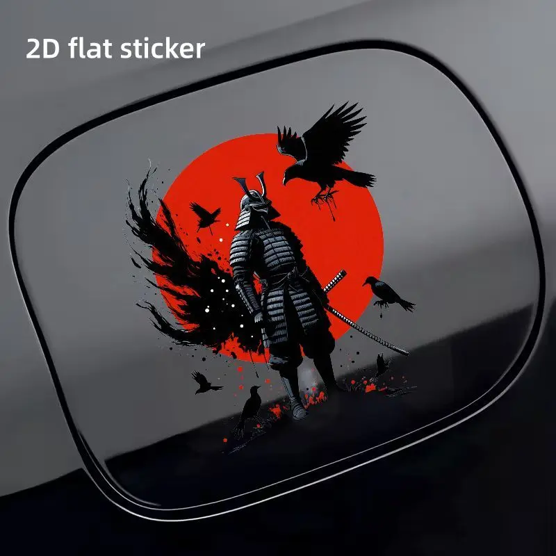 1Pc Red Moon Samurai Sword Crow Black Armor Fuel Cap Sticker for Vehicle Gas Door,Eye-Catching Accessory