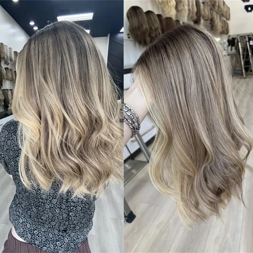 

Натуральный волнистый короткий светлый парик с кружевной передней частью для женщин, 14 дюймов, с коричневыми прядями, из синтетического термостойкого волокна, хит продаж