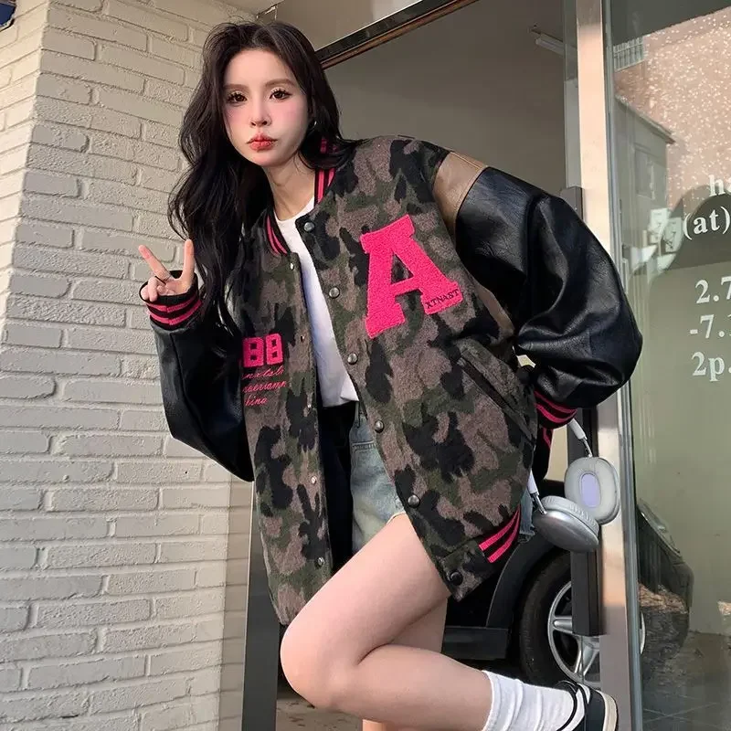 ​American Retro Patchwork Baseball Jacket with Embroidered Letters Loose Fit Spring Fall Women's Coat​