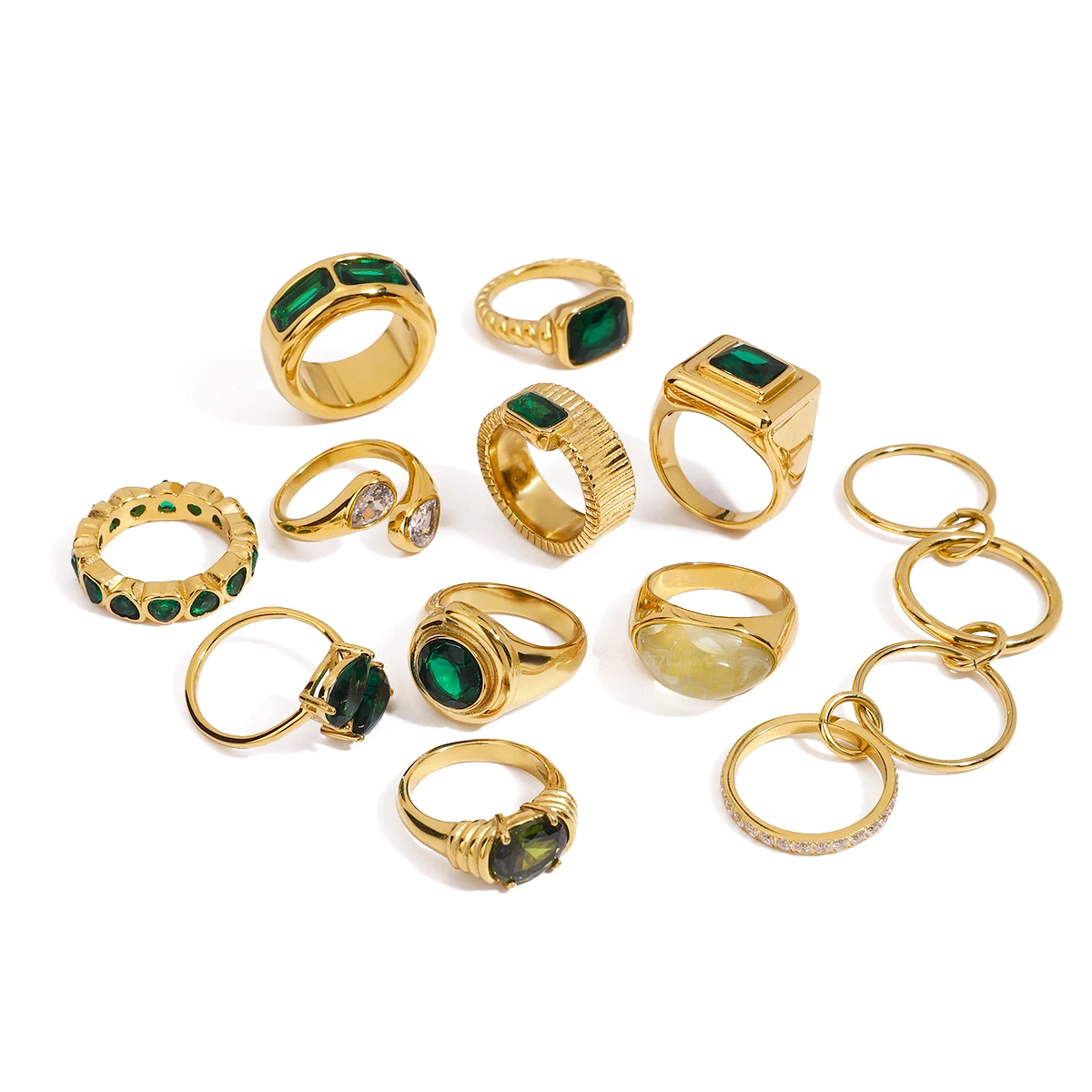 AIKOER Retro Green Zircon Ring 18k Gold Color Plated Stainless Steel Round Ring Can be Stacked as a Gift for Women's Accessories