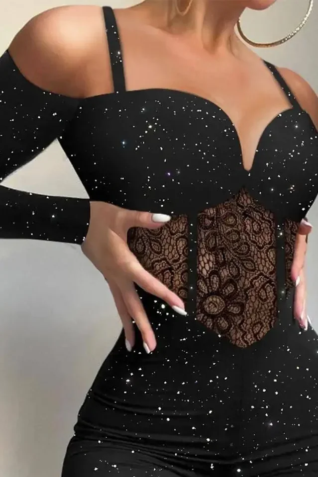 Women Lace Hollowed Fashion Jumpsuit Glitter Highlight Knitted Fabric Sleeveless Jumpsuits Pants High Waist