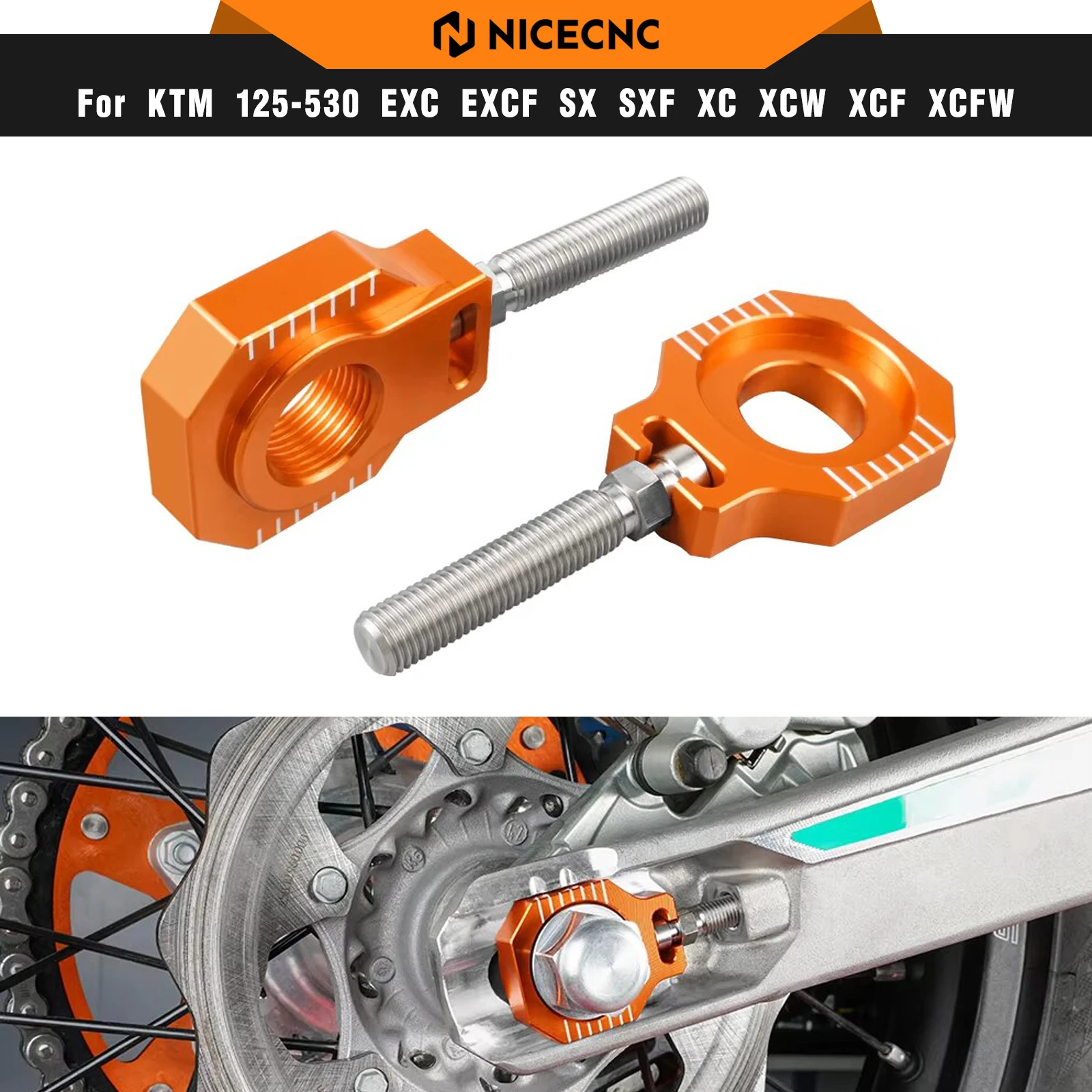 

NICECNC For KTM SX 125 SX-F 450 XC XC-F 2013-2022 25mm Rear Axle Blocks Chain Adjuster For Husqvarna TC 125 250 FC 250 350 450