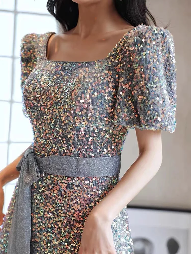 Vestidos de fiesta de lentejuelas exquisitas y brillantes, corte en A, manga abombada, cuello cuadrado, largo hasta el suelo, vestidos de noche formales con cordones y espalda descubierta